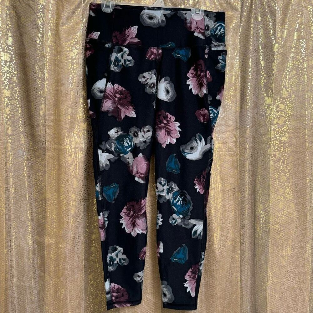 Livi Active Lane Bryant PowerBand Black Floral Leggings Purple Teal XL 14/16